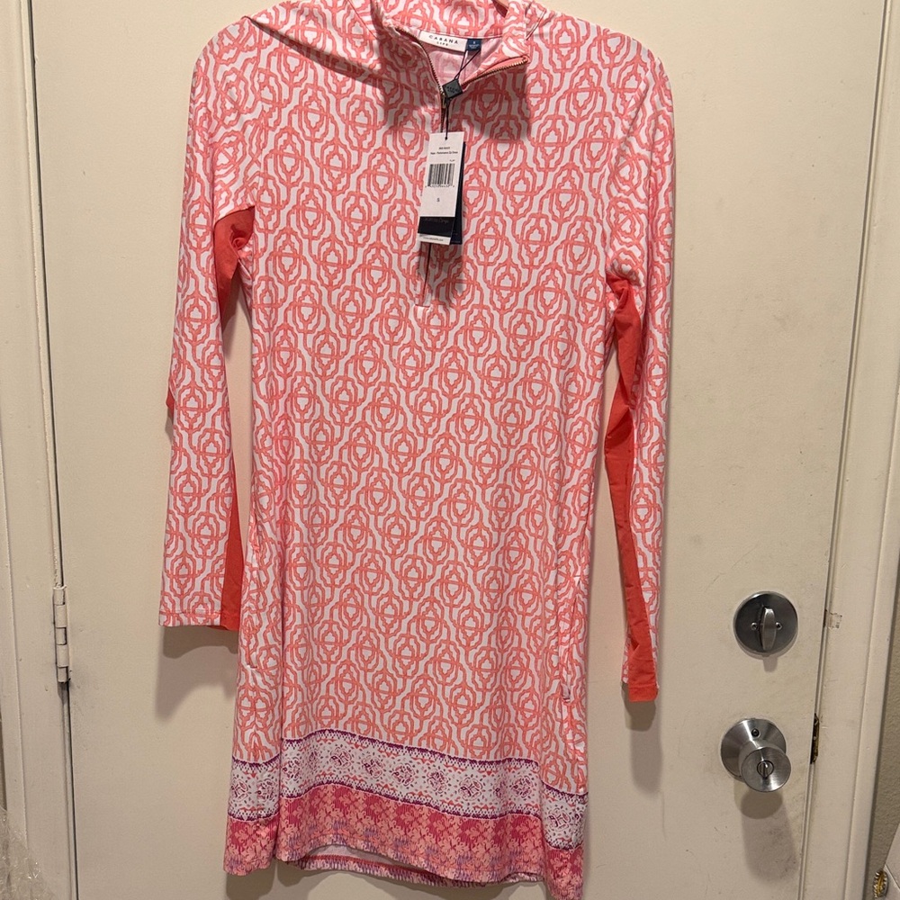 Cabana Life Coral and White Geometric long sleeve Dress